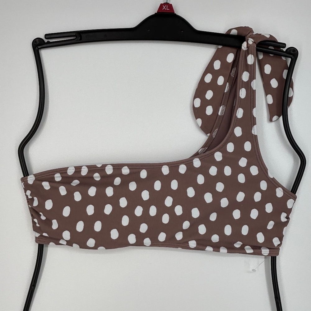 Abercrombie & Fitch One-Shoulder Polka Dot Bikini Top in Taupe and White